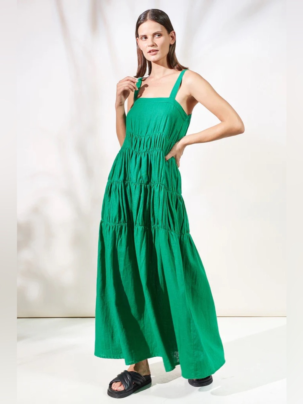 New! Rue Stiic Elsa Linen Tiered Flowy Summer Maxi Dress in French Green - Picture 3 of 13